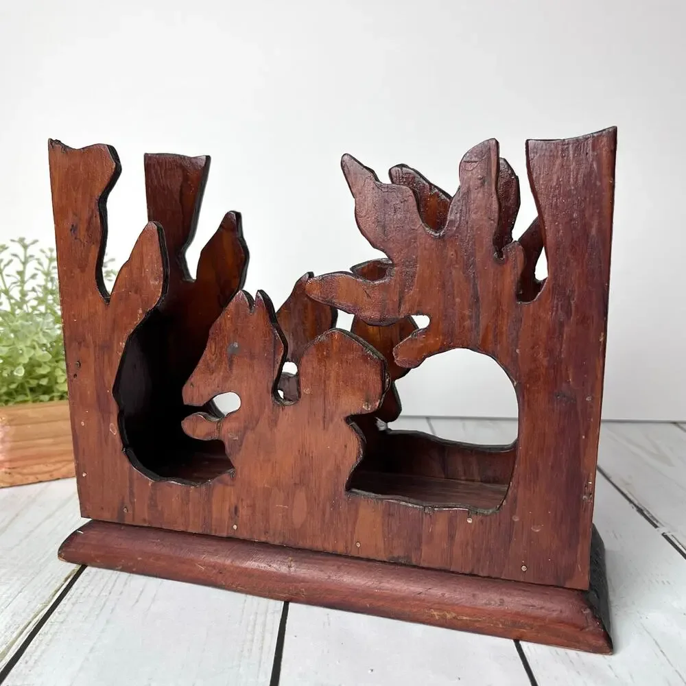 Vintage Hand Carved Wooden Desk Organizer Napkin Holder Rustic Woodland Nature